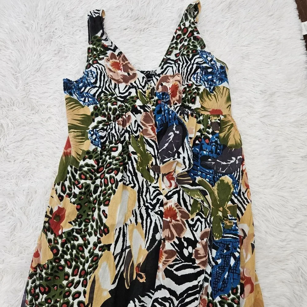 Grace Elements Safari‎ Jungle Ruffle Hippie Lagenlook Eclectic Maxi Dress Sz L